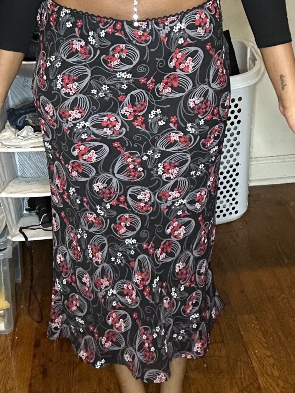 Vintage Black Midi Skirt with Floral Print